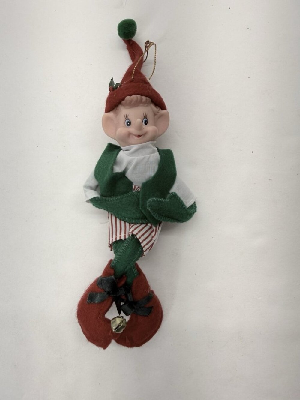 Vintage Bendable Elf Red Green White Striped Bell Christmas Holiday Ornament 8”